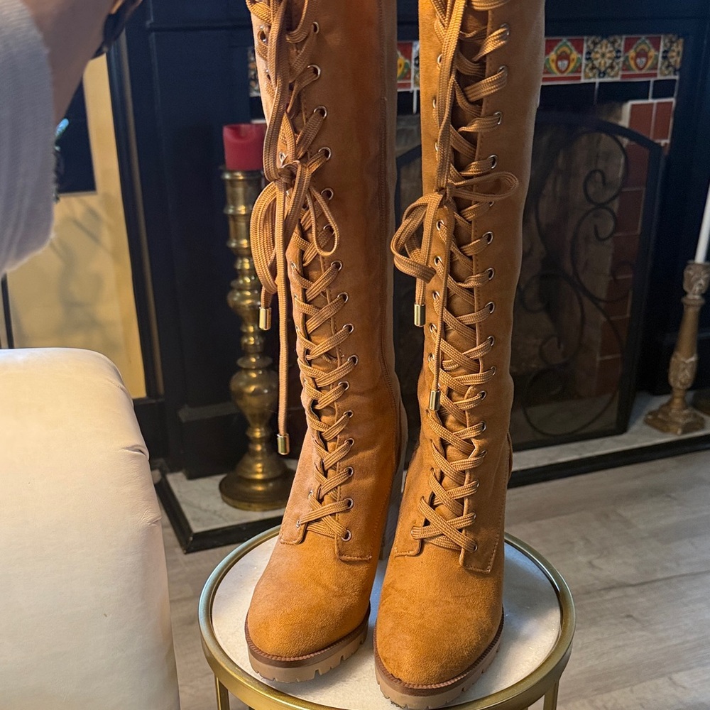 Jennifer Lopez Camel Lace-Up Boots